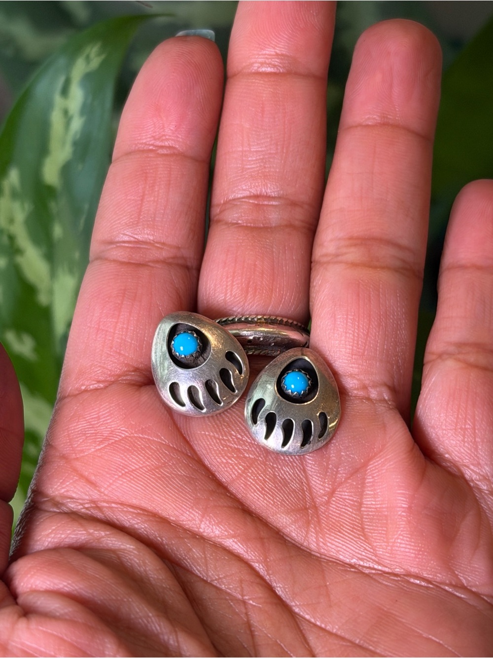 Vintage Navajo Sterling Silver Turquoise Bear Paw Stud Earrings